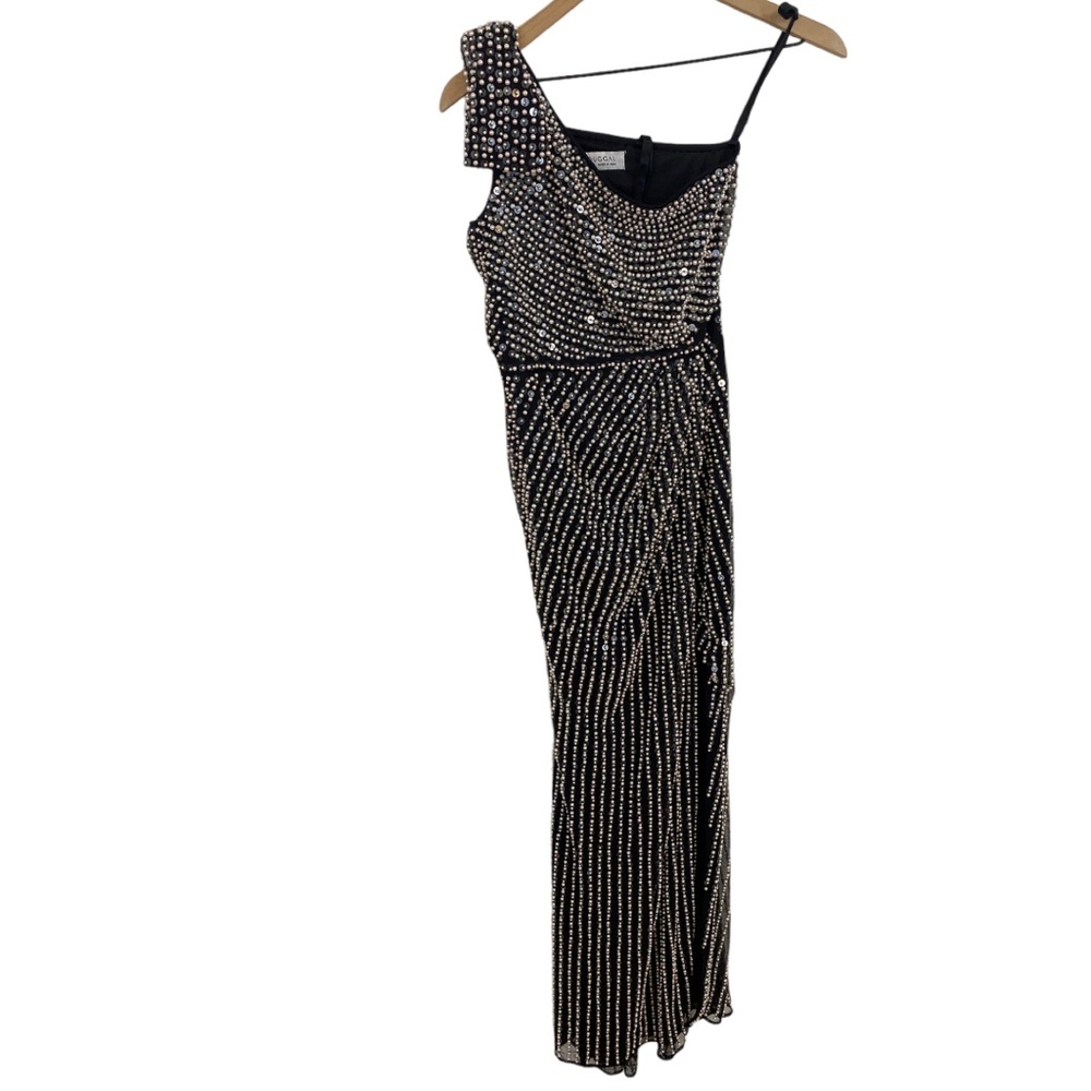 NWT Mac Duggal Black Pearl Sequin One Shoulder Bow High Slit Maxi Dress Size 2 - Picture 2 of 11